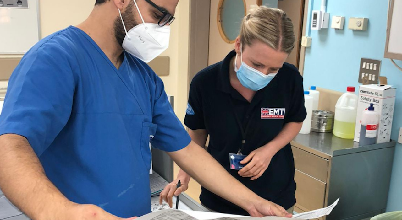 ICU Nurse Rowena Williams with ICU lead at Saida Hospital. (Photo: Walton, August 2020.)