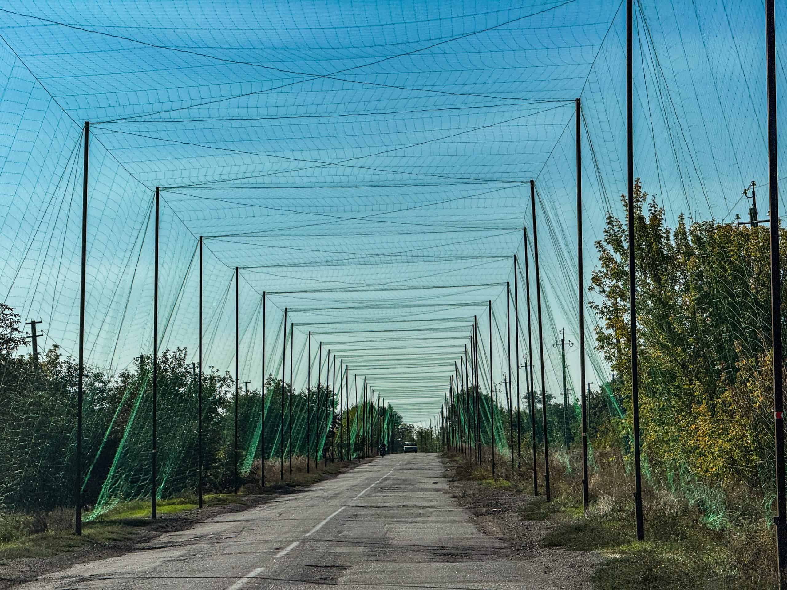 2228f7db-6aba-4c66-b5b6-e1fd64f72ead Anti-drone netting now cover many kilometres of roads near the front lines. This netting is extended as the range of drones increases.